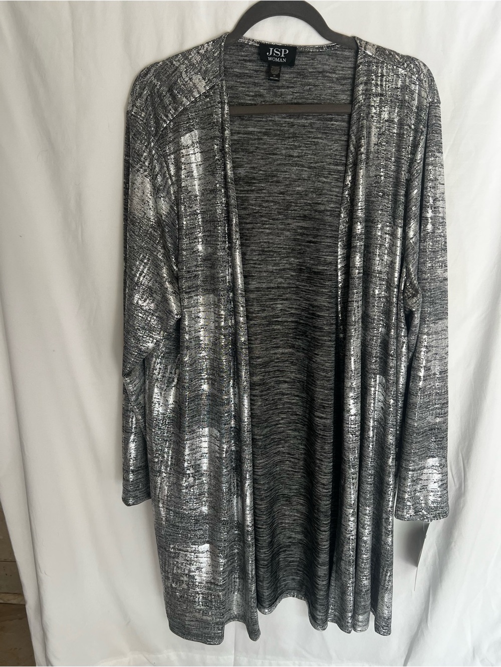 Metallic Gray Open-Front Cardigan Sweater